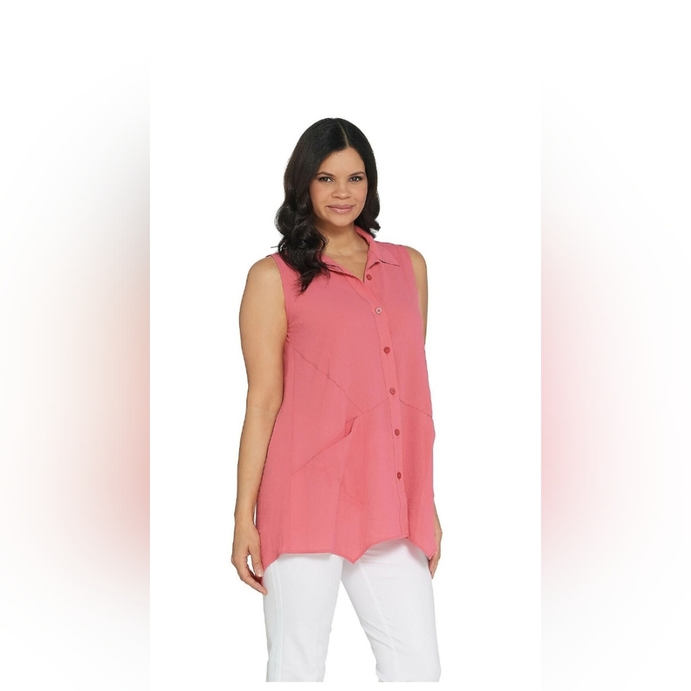(2)Joan Rivers Tunic Sleeveless Crepe Gauze Pink Yellow Large Stretch Shirt Top - Picture 9 of 15